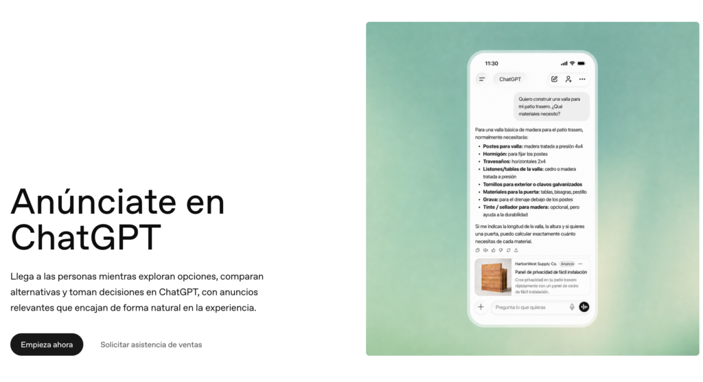 Pantallazo de la pagina principal de ChatGPT ADs
